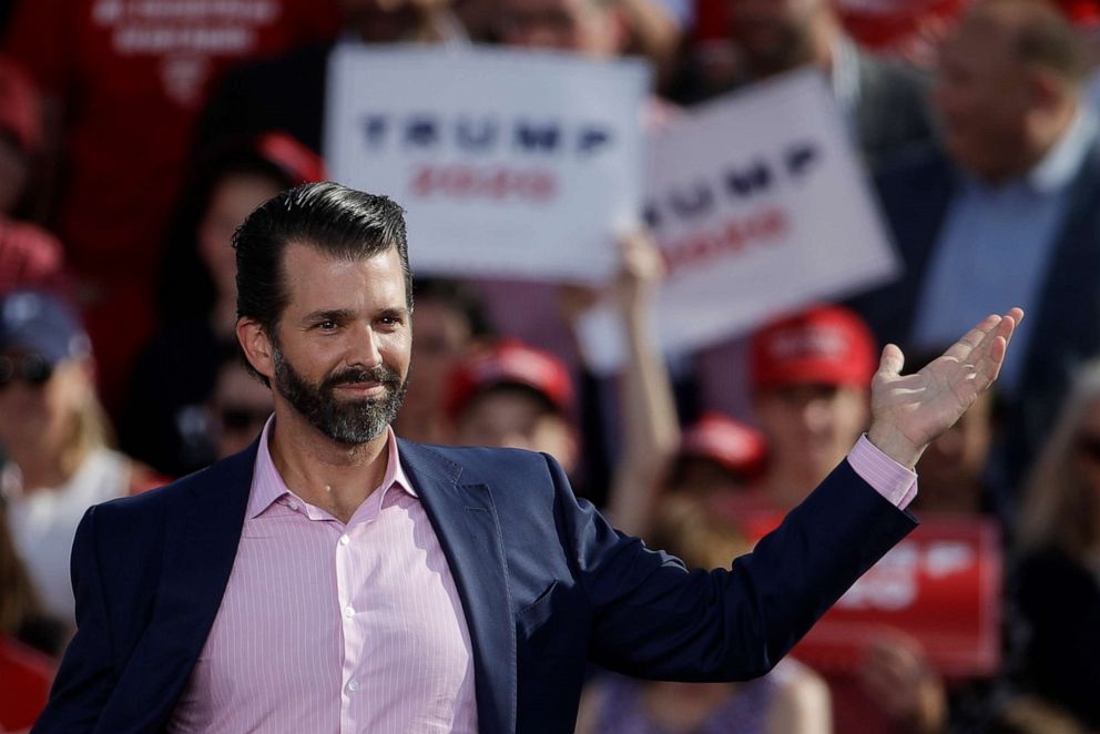 PHOTO: Donald Trump Jr., gestures at a rally for his father, President Donald Trump in Montoursville, Pa., May 20, 2019.