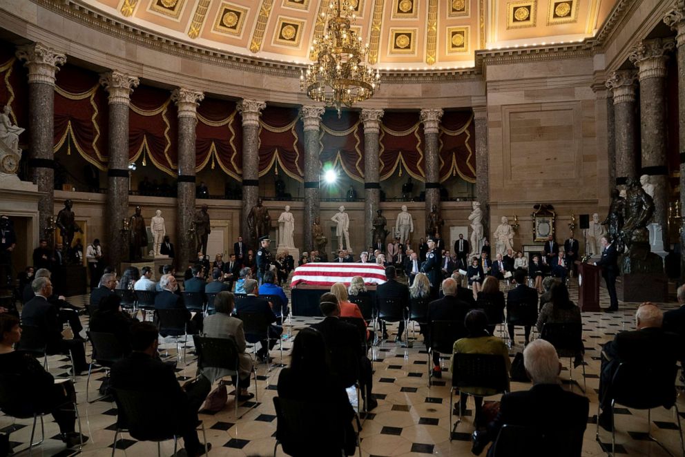 PHOTO: Republican Sen. Dan Sullivan gives a remembrance of late Rep. Don Young as he lies in state in Statuary Hall at the U.S. Capitol on March 29, 2022, in Washington.