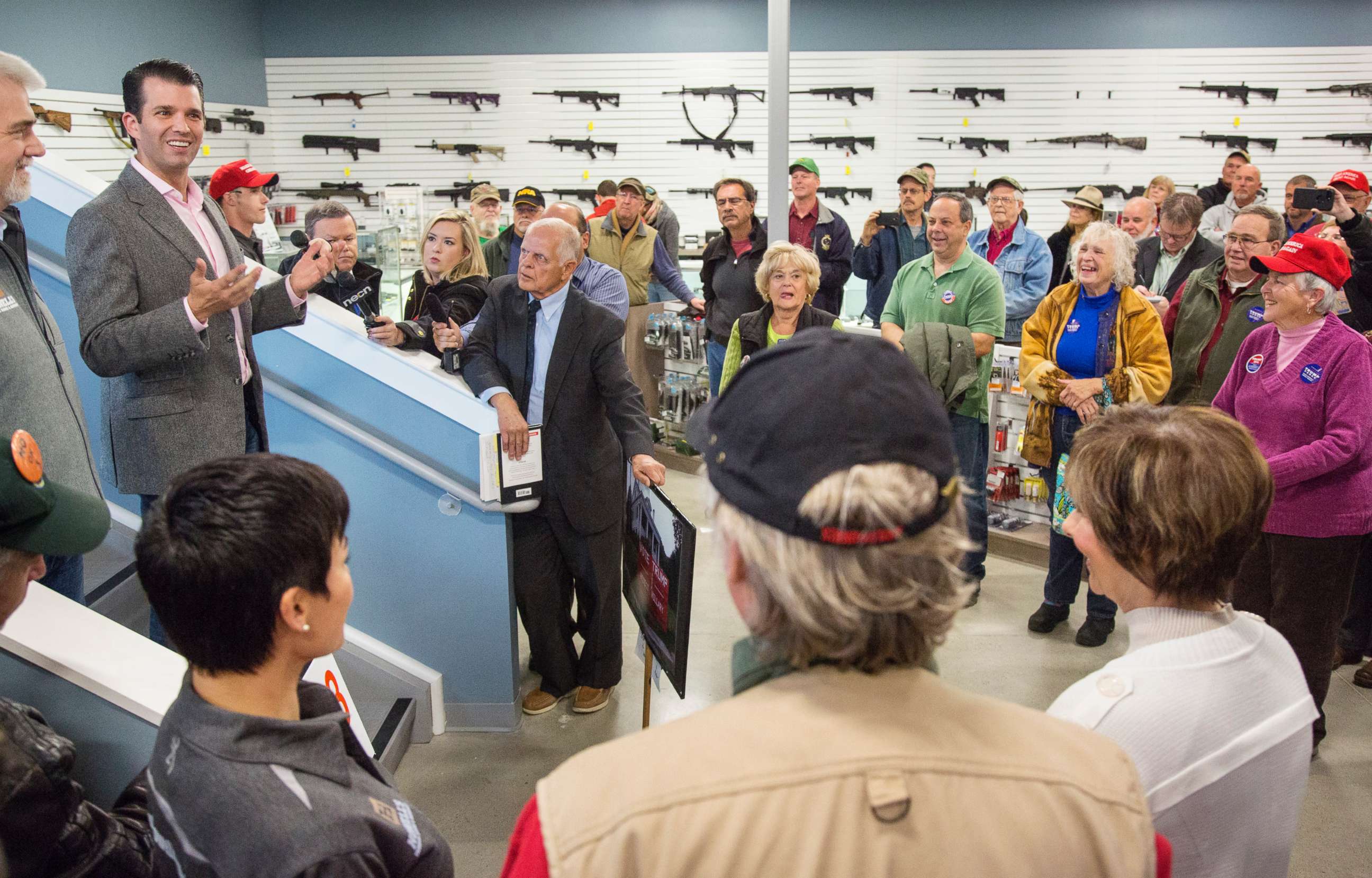 PHOTO: Donald Trump Jr. speaks to supporters of his father, presidential candidate Donald Trump, at Howell's Gun Shop in Gray, Oct. 25, 2016. 