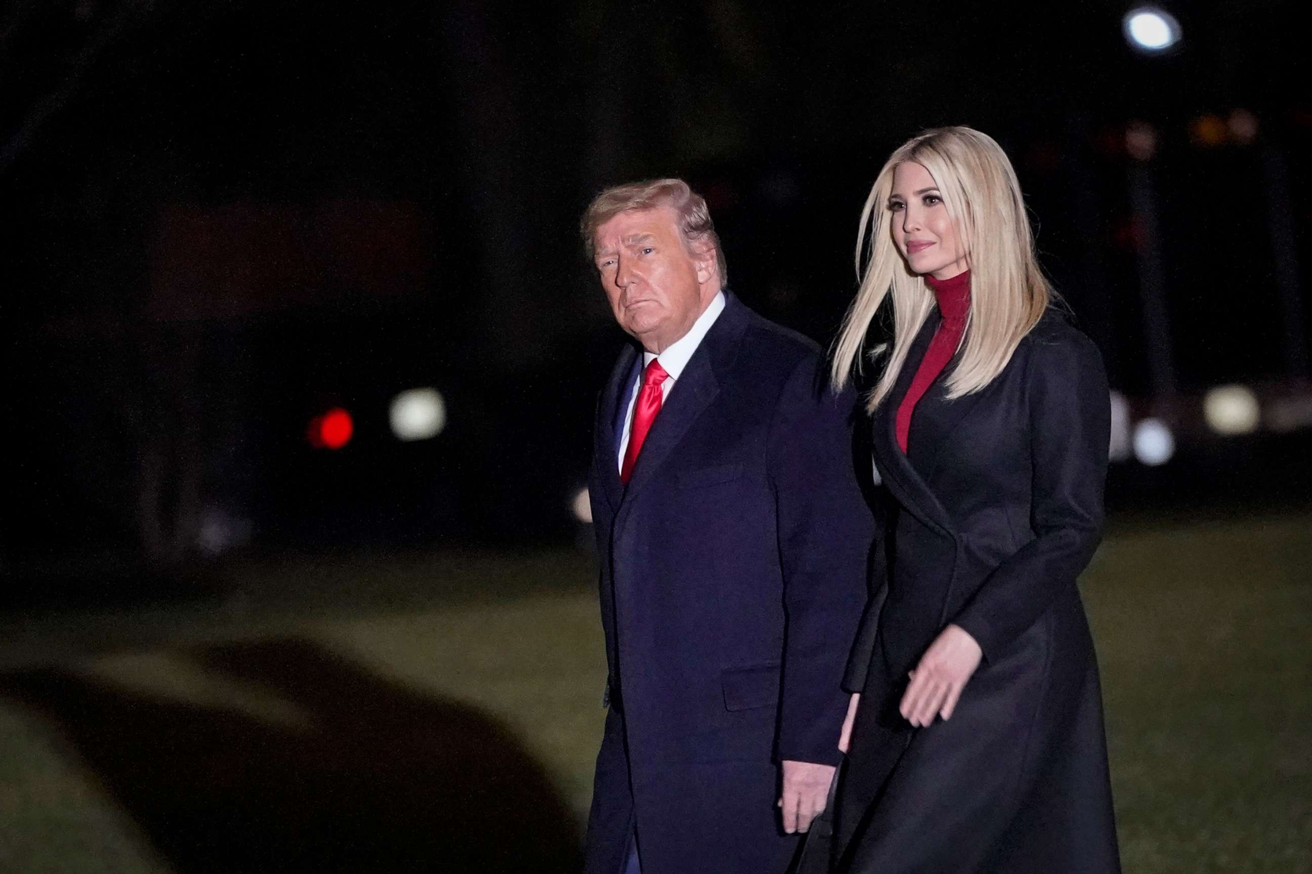 PHOTO: President Donald Trump and daughter Ivanka Trump walk to Marine One on the South Lawn of the White House on Jan. 4, 2020 in Washington, D.C. 