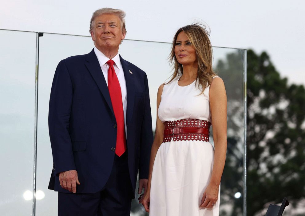 PHOTO: President Donald Trump and first Lady Melania Trump participate in an event on the South Lawn of the White House on July 04, 2020, in Washington.