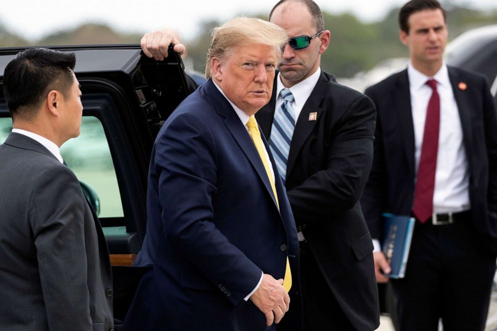 PHOTO: President Donald Trump boards Air Force One upon departure at the Orlando Sanford International Airport, March 9, 2020 in Orlando, Fla.