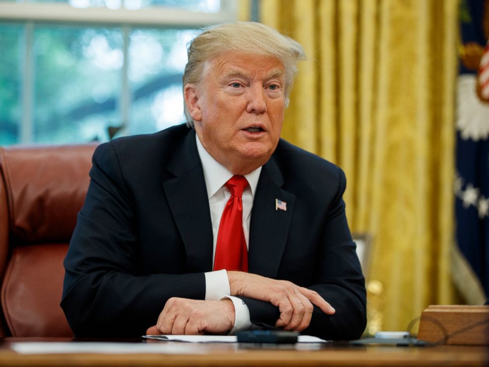 PHOTO: President Donald Trump speaks during an interview with The Associated Press in the Oval Office of the White House, Oct. 16, 2018, in Washington.