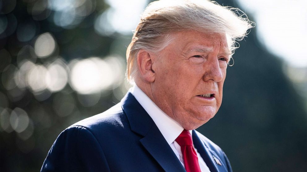 PHOTO: President Donald J. Trump stops to talk to reporters and members of the media as he walks to Marine One to depart from the South Lawn at the White House on Wednesday, Aug 07, 2019 in Washington.