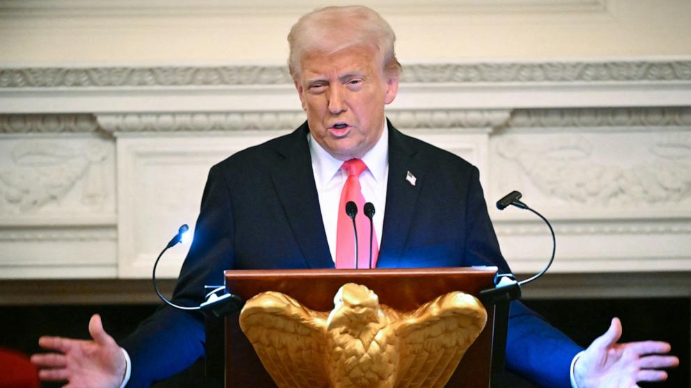 PHOTO: President Donald Trump speaks during an Iftar dinner in the State Dining Room of the White House in Washington, DC, on March 27, 2025.