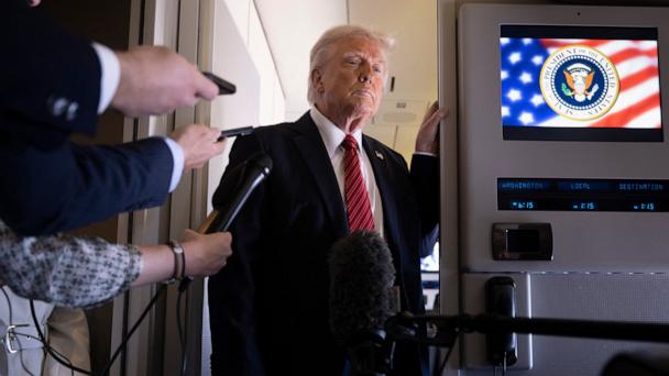 President Donald Trump listens to questions as he speaks to members of the press on Air Force One while flying over Saudi Arabia on his way to Qatar on May 14, 2025.