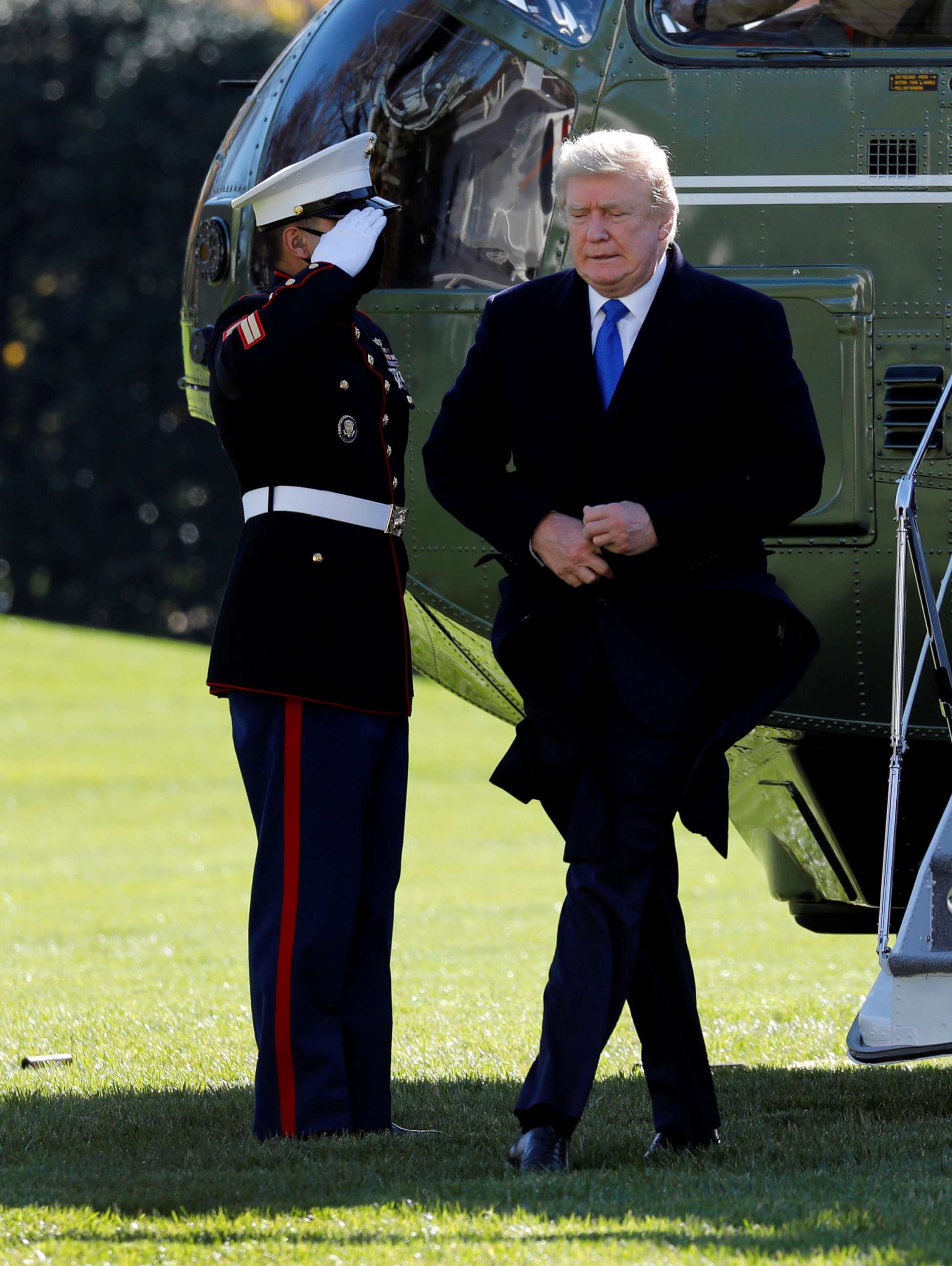 PHOTO: President Donald Trump steps out of the Marine One helicopter on the South Lawn of the White House upon his return to Washington from Camp David, Nov. 29, 2020.