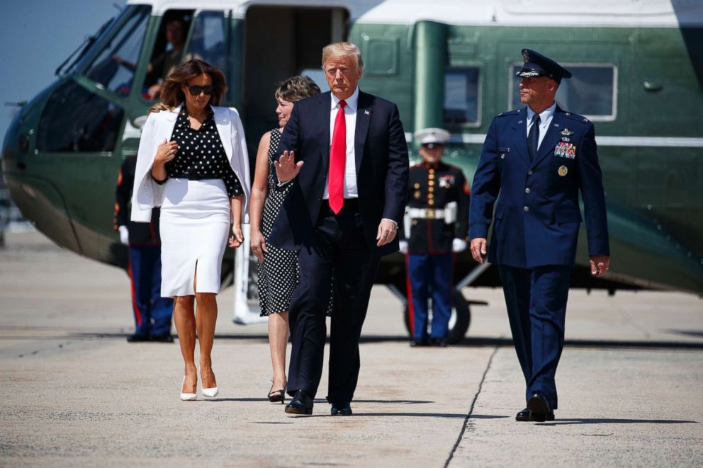 PHOTO: President Donald Trump and first lady Melania Trump walk to board Air Force One for a trip to Columbus, Ohio, Aug. 24, 2018, in Andrews Air Force Base, Md.