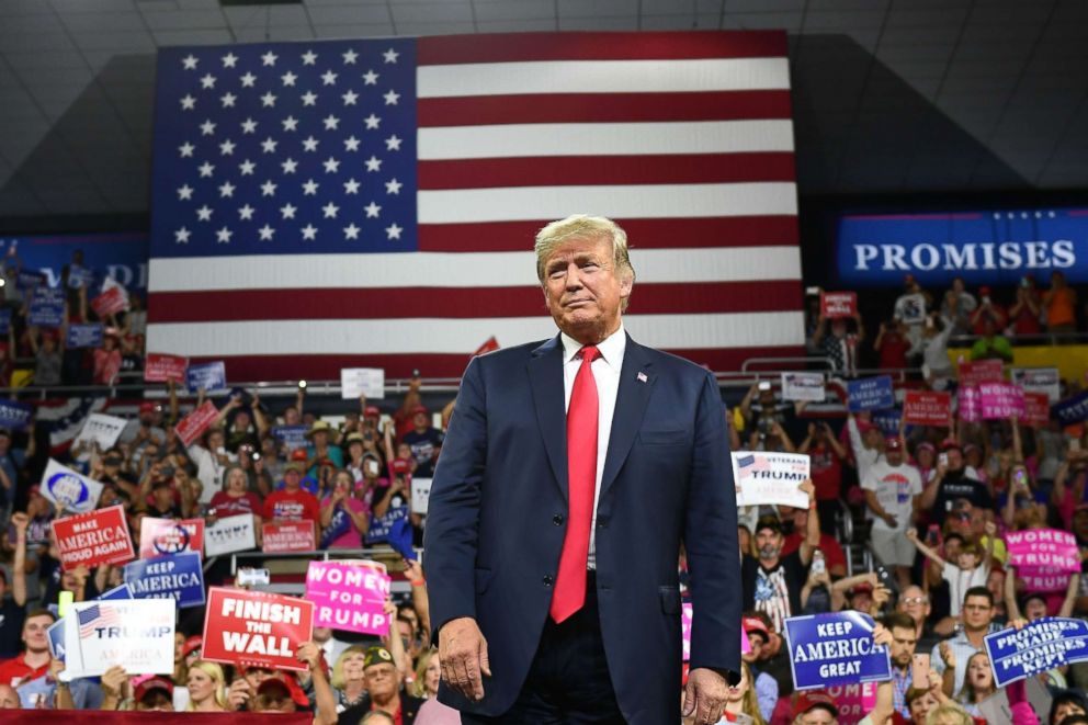 PHOTO: President Donald Trump arrives to speak during a rally at Freedom Hall Civic Center in Johnson City, Tenn., Oct 1, 2018.