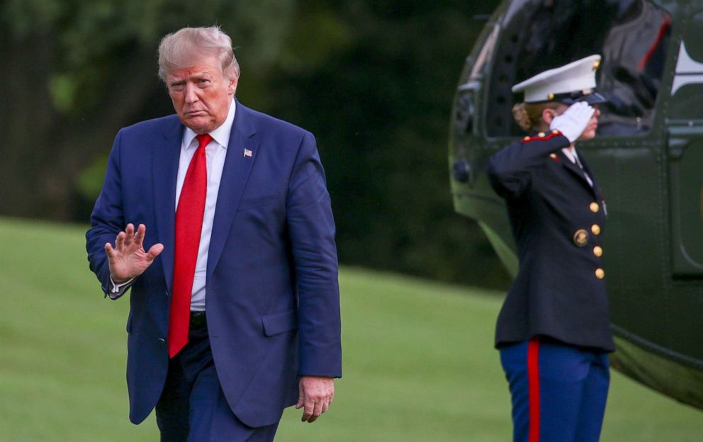PHOTO: President Donald Trump gestures while walking on the South Lawn of the White House in Washington, Aug. 21, 2019.