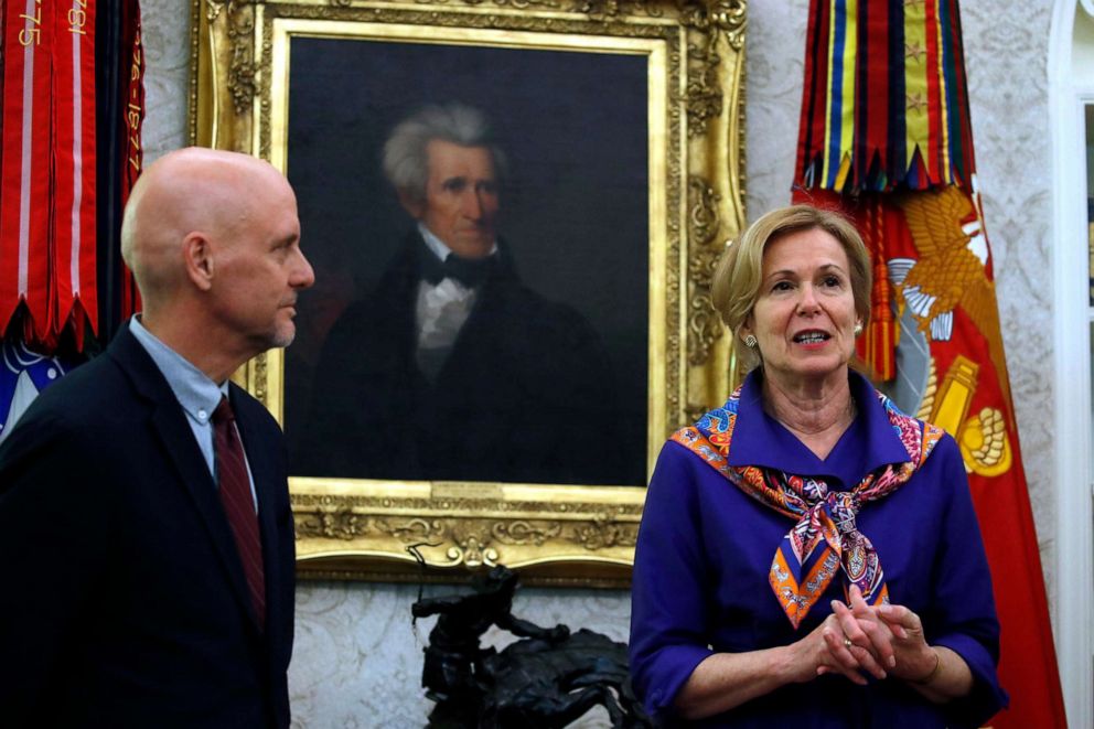 PHOTO: Dr. Deborah Birx, White House coronavirus response coordinator, speaks during a meeting with Daniel O'Day, CEO of Gillead Sciences Inc., and President Donald Trump in the Oval Office of the White House, May 1, 2020, in Washington.