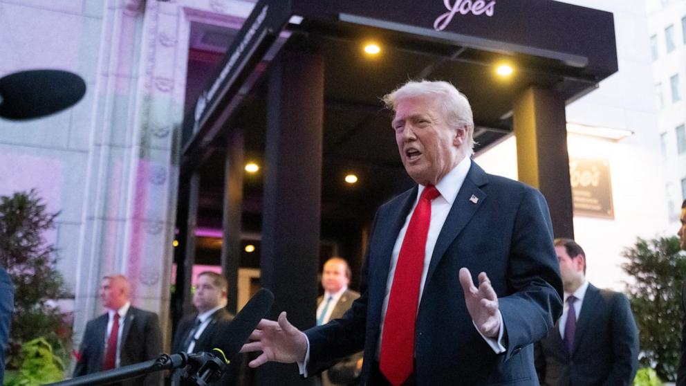 PHOTO: Donald Trump speaks to reporters outside the restaurant Joe's Seafood, Prime Steak & Stone Crab in Washington, DC, on September 9, 2025.