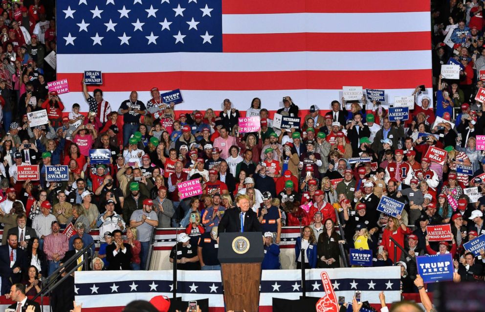 PHOTO: President Donald Trump speaks to a cheering crowd at Eastern Kentucky University, Oct. 13, 2018, in Richmond, Ky.