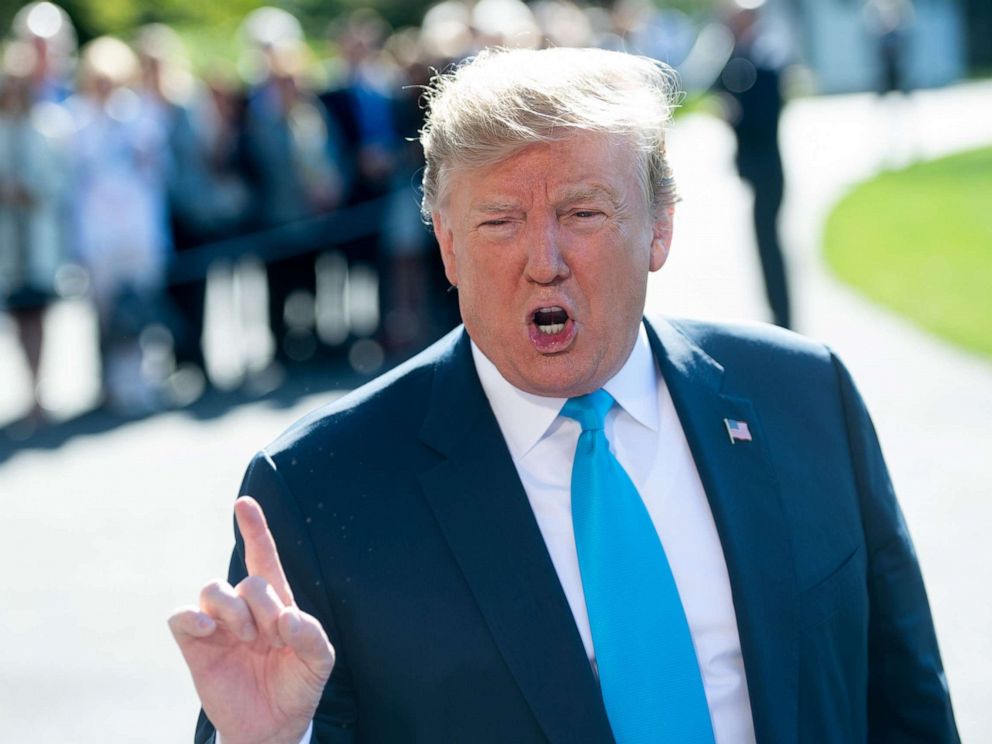 PHOTO: President Donald Trump speaks to the press prior to departing on Marine One from the South Lawn of the White House in Washington, April 10, 2019.