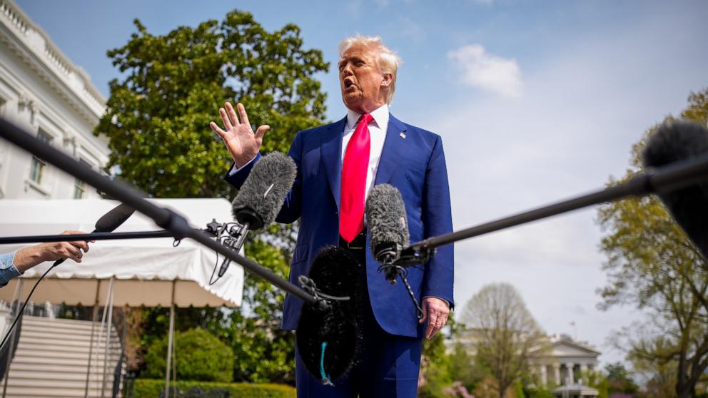 PHOTO: President Donald Trump speaks to members of the media before boarding Marine One on the South Lawn of the White House on April 3, 2025 in Washington, DC.