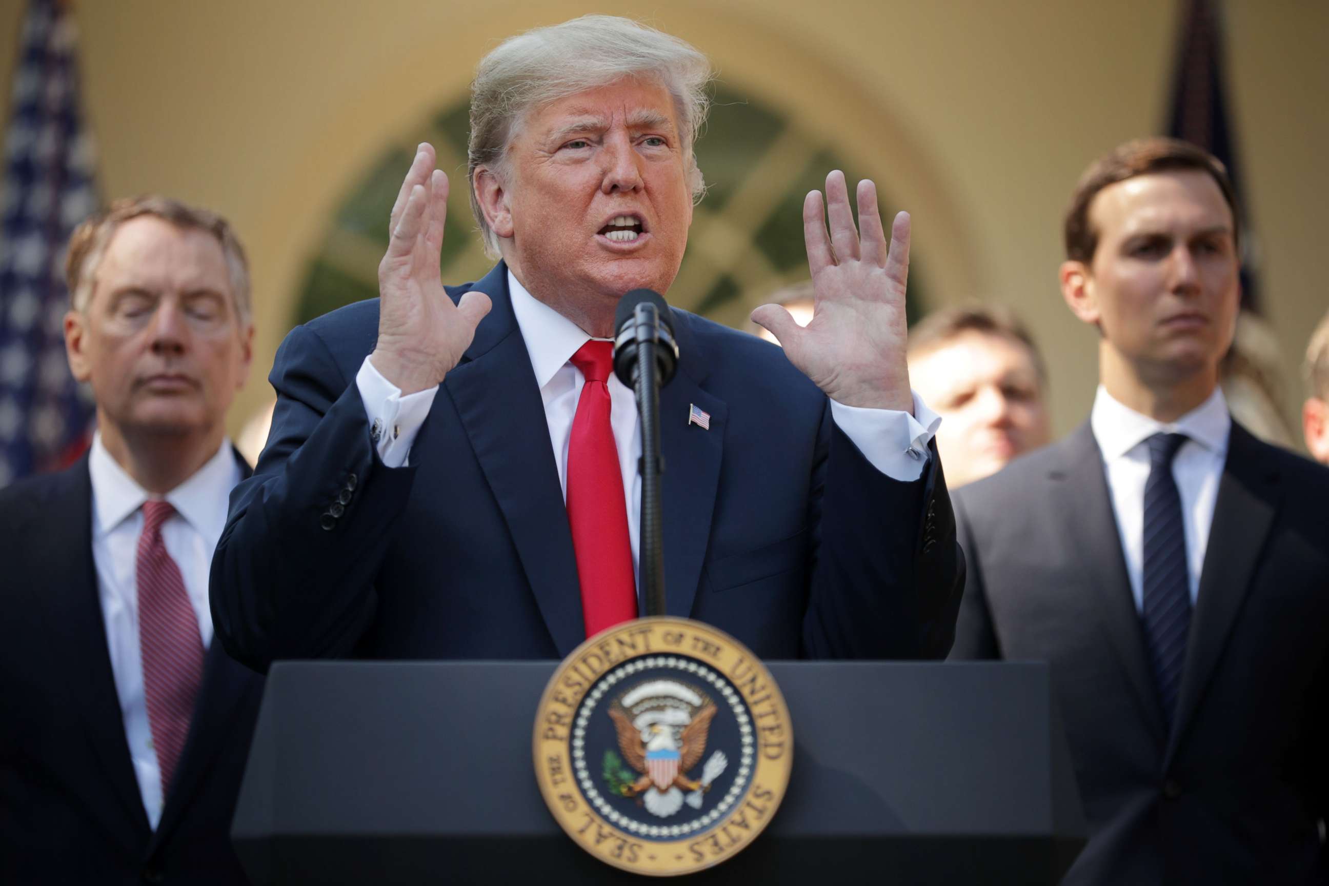 PHOTO: President Donald Trump speaks during a press conference to discuss a revised U.S. trade agreement with Mexico and Canada in the Rose Garden of the White House, Oct. 1, 2018, in Washington, DC.