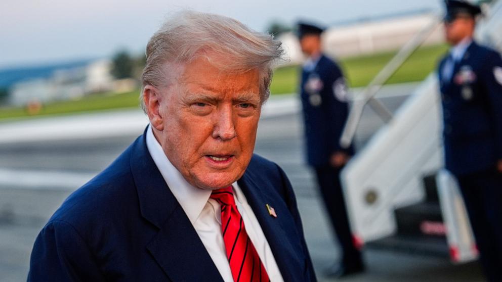PHOTO: President Donald Trump speaks with reporters before boarding Air Force One at Lehigh Valley International Airport, Aug. 3, 2025, in Allentown, Pa.