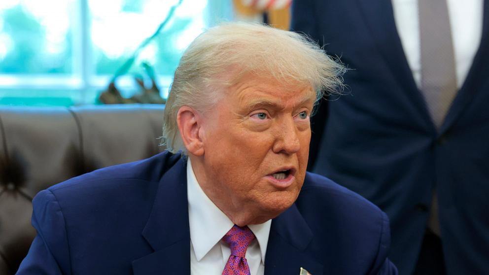 PHOTO: President Donald Trump speaks with reporters in the Oval Office of the the White House, June 10, 2025, in Washington.