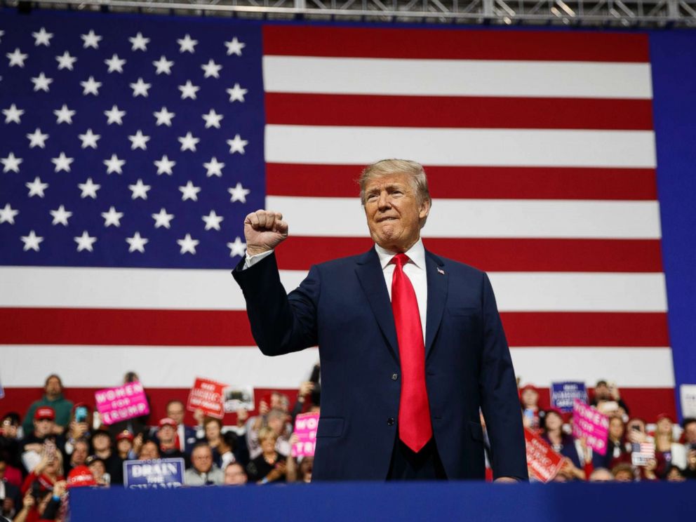PHOTO: President Donald Trump arrives to speak at a campaign rally at Atlantic Aviation in Moon Township, Pa., March 10, 2018.