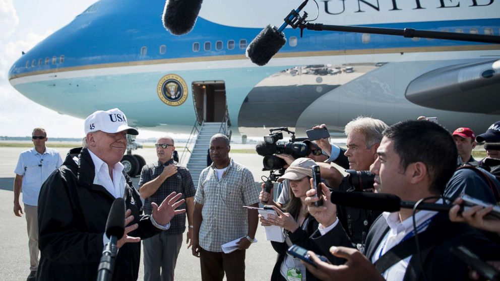 President Donald Trump speaks to the press on arrival in Fort Myers, Fla., Sept. 14, 2017.

