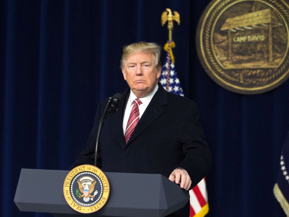 PHOTO: President Donald Trump speaks to the press after holding meetings at Camp David, Jan. 6, 2018 in Thurmont, Md.