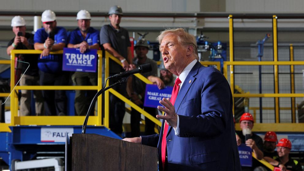 PHOTO: Republican presidential nominee and former President Donald Trump makes a campaign stop at manufacturer FALK Production in Walker, Mi., Sept. 27, 2024. 