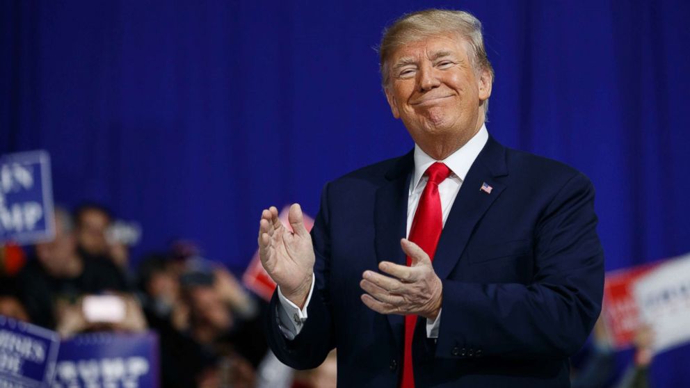 President Donald Trump arrives to speak at a campaign rally at Atlantic Aviation in Moon Township, Pa., March 10, 2018.