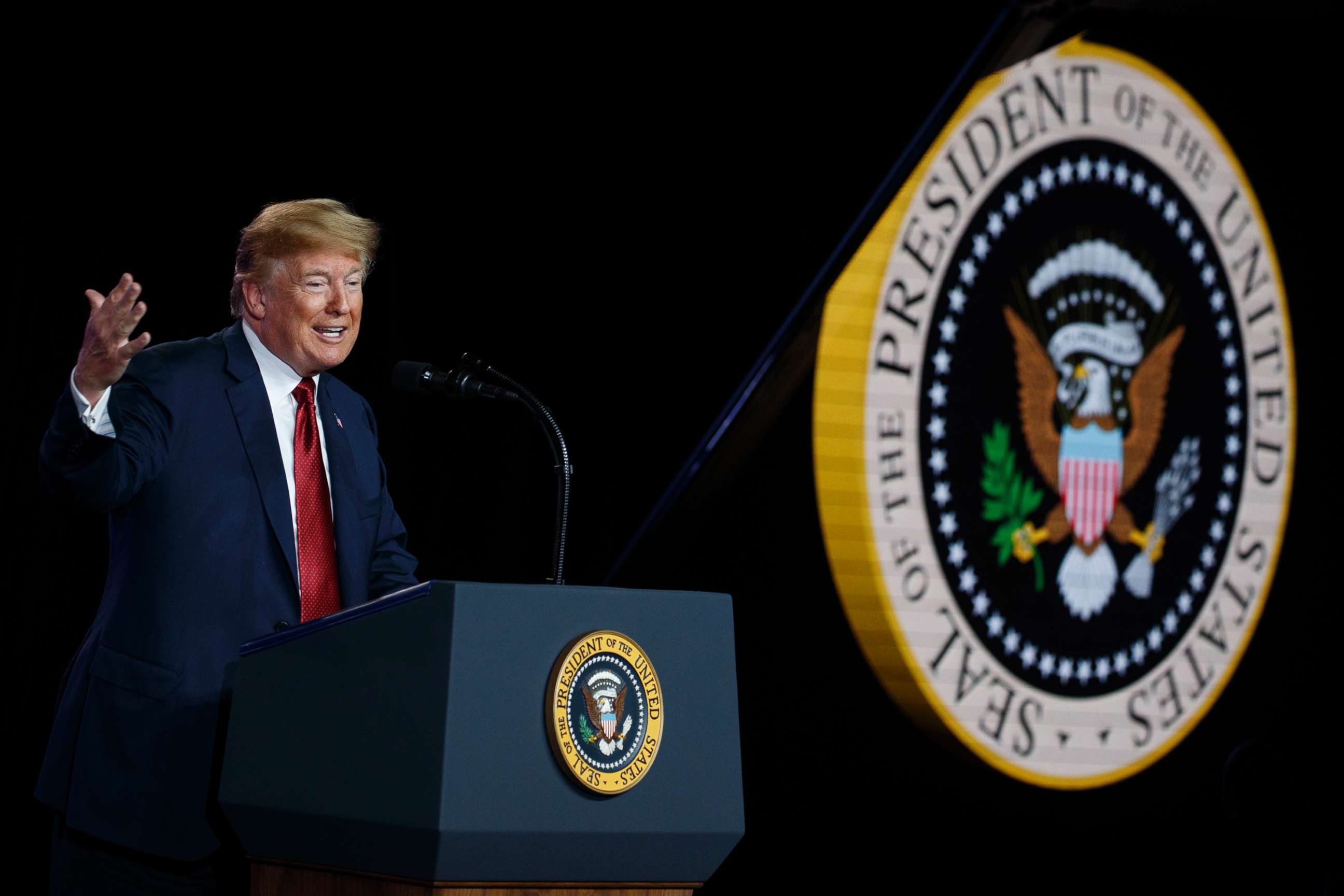 PHOTO: President Donald Trump speaks at a Foxconn facility, June 28, 2018, in Mt. Pleasant, Wis.