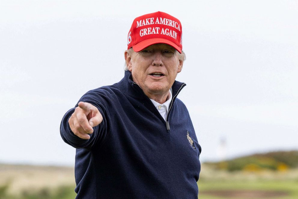 PHOTO: Former U.S. President Donald Trump gestures during a round of golf at his Turnberry course on May 2, 2023 in Turnberry, Scotland.
