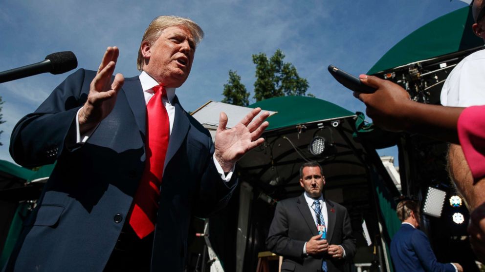 PHOTO: President Donald Trump speaks to reporters at the White House, June 15, 2018, in Washington, D.C.