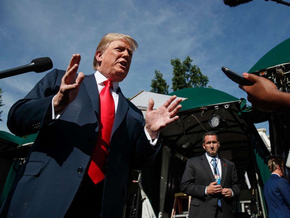 PHOTO: President Donald Trump speaks to reporters at the White House, June 15, 2018, in Washington, D.C.