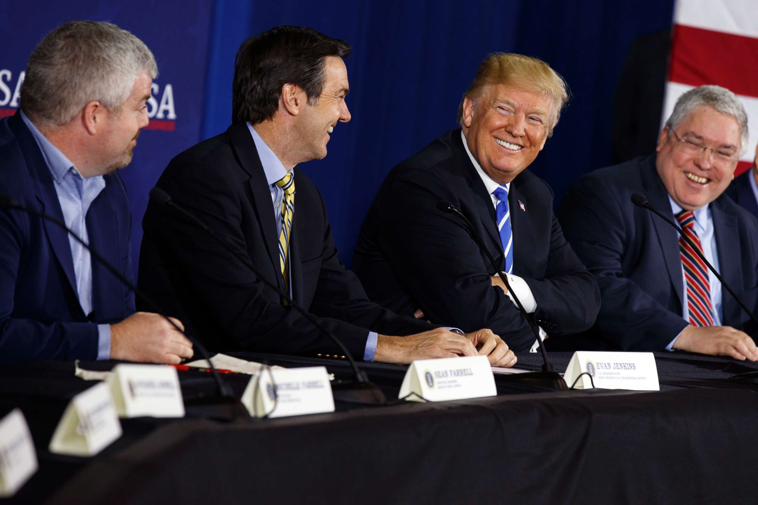 PHOTO: President Donald Trump smiles during a roundtable discussion on tax policy, April 5, 2018, in White Sulphur Springs, W.Va.