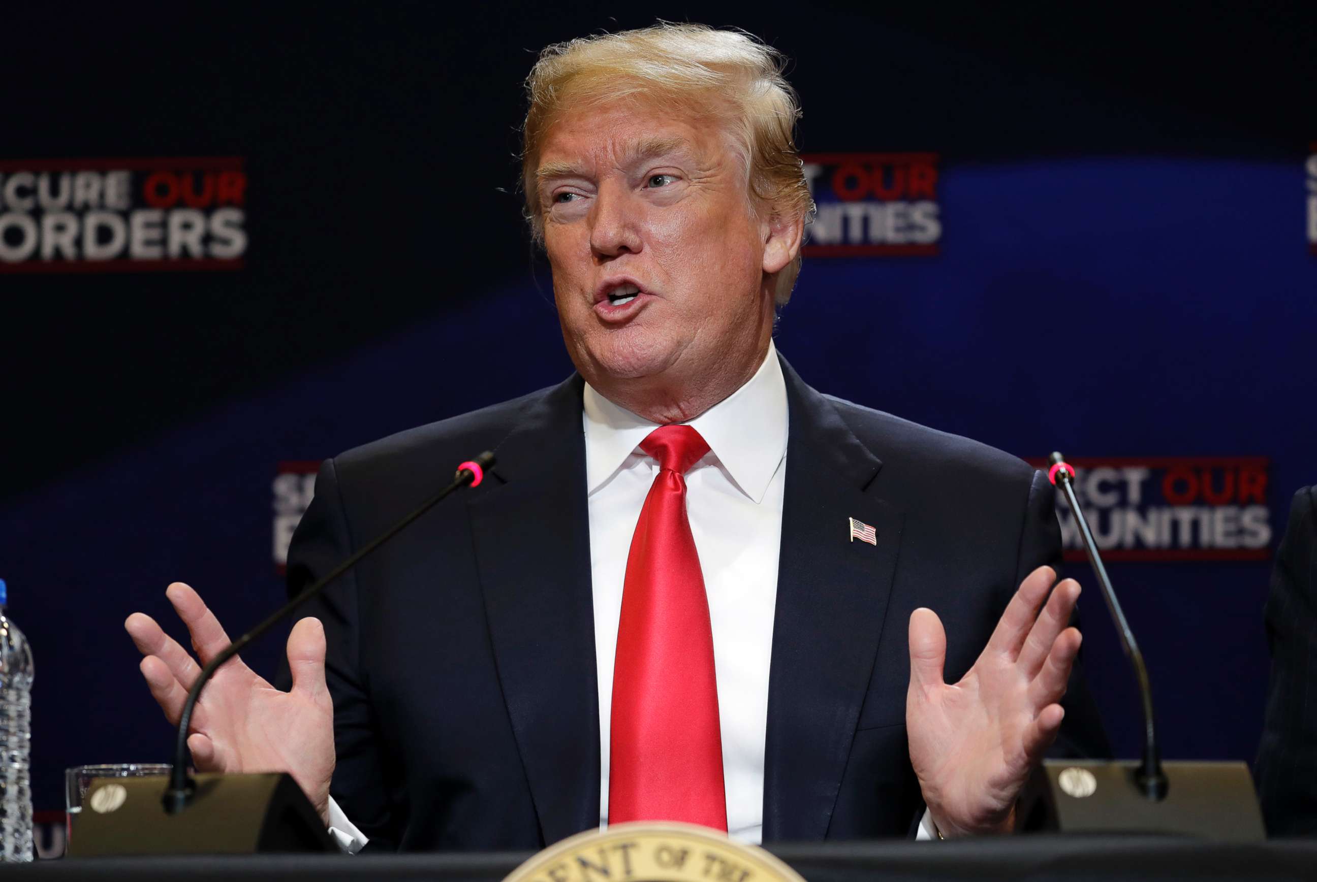PHOTO: President Donald Trump speaks during a roundtable on immigration policy at Morrelly Homeland Security Center in Bethpage, N.Y., May 23, 2018