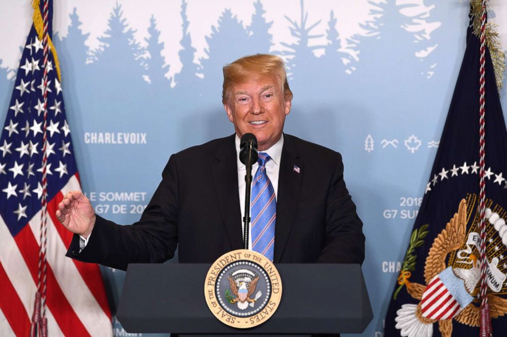 PHOTO: President Donald Trump speaks to reporters on June 9, 2018, during the G7 Summit in La Malbaie, Quebec, Canada.