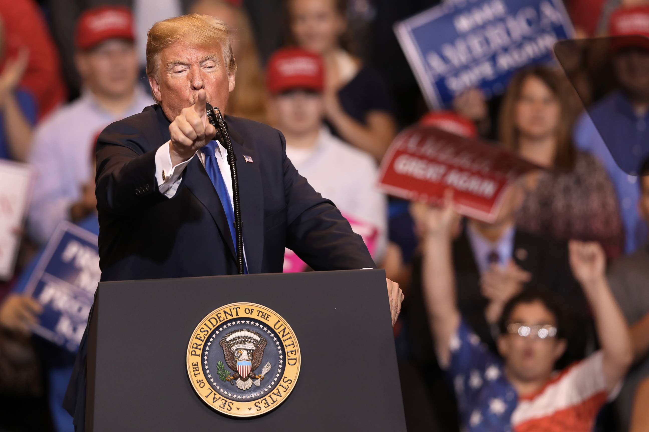 PHOTO: President Donald Trump singles out the media during his rally on Aug. 2, 2018 at the Mohegan Sun Arena at Casey Plaza in Wilkes Barre, Pa.