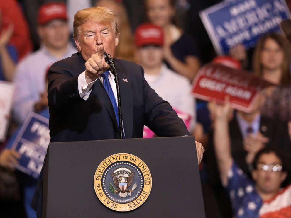 PHOTO: President Donald Trump singles out the media during his rally on Aug. 2, 2018 at the Mohegan Sun Arena at Casey Plaza in Wilkes Barre, Pa.