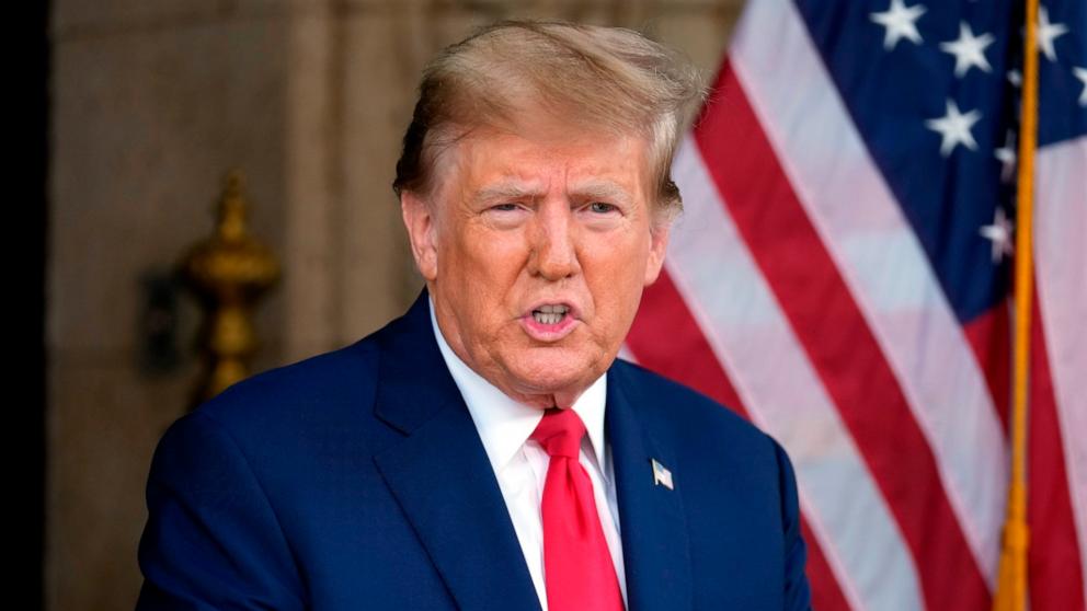 PHOTO: Former President Donald Trump speaks at his Mar-a-Lago estate, Feb. 8, 2024, in Palm Beach, Fla.