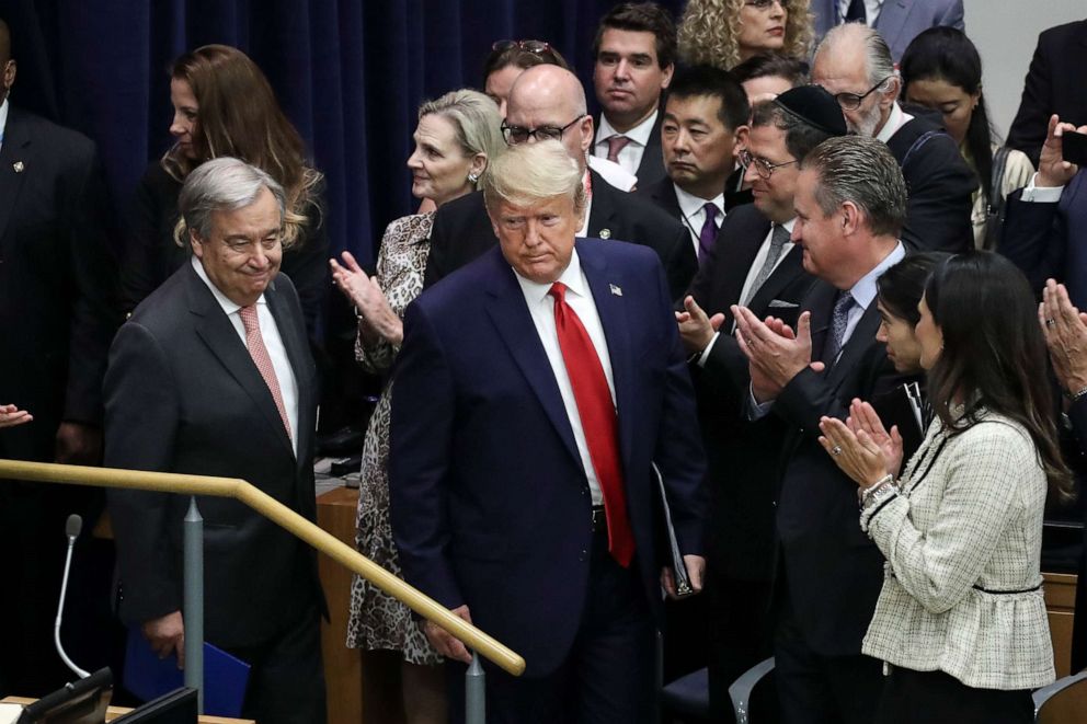 PHOTO: United Nations Secretary General Antonio Guterres and President Donald Trump arrive for a meeting on religious freedom at U.N. headquarters on Sept. 23, 2019, in New York.