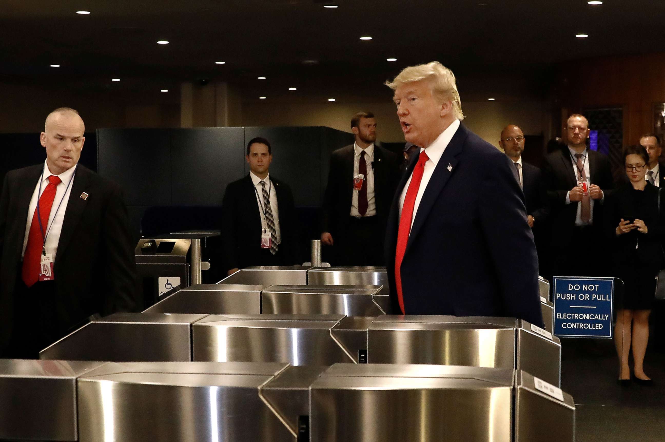 PHOTO: President Donald Trump departs after a meeting at the United Nations for a global call to protect religious freedom ahead of the General Debate of the General Assembly of the United Nations at U.N. Headquarters in New York, Sept. 23, 2019.