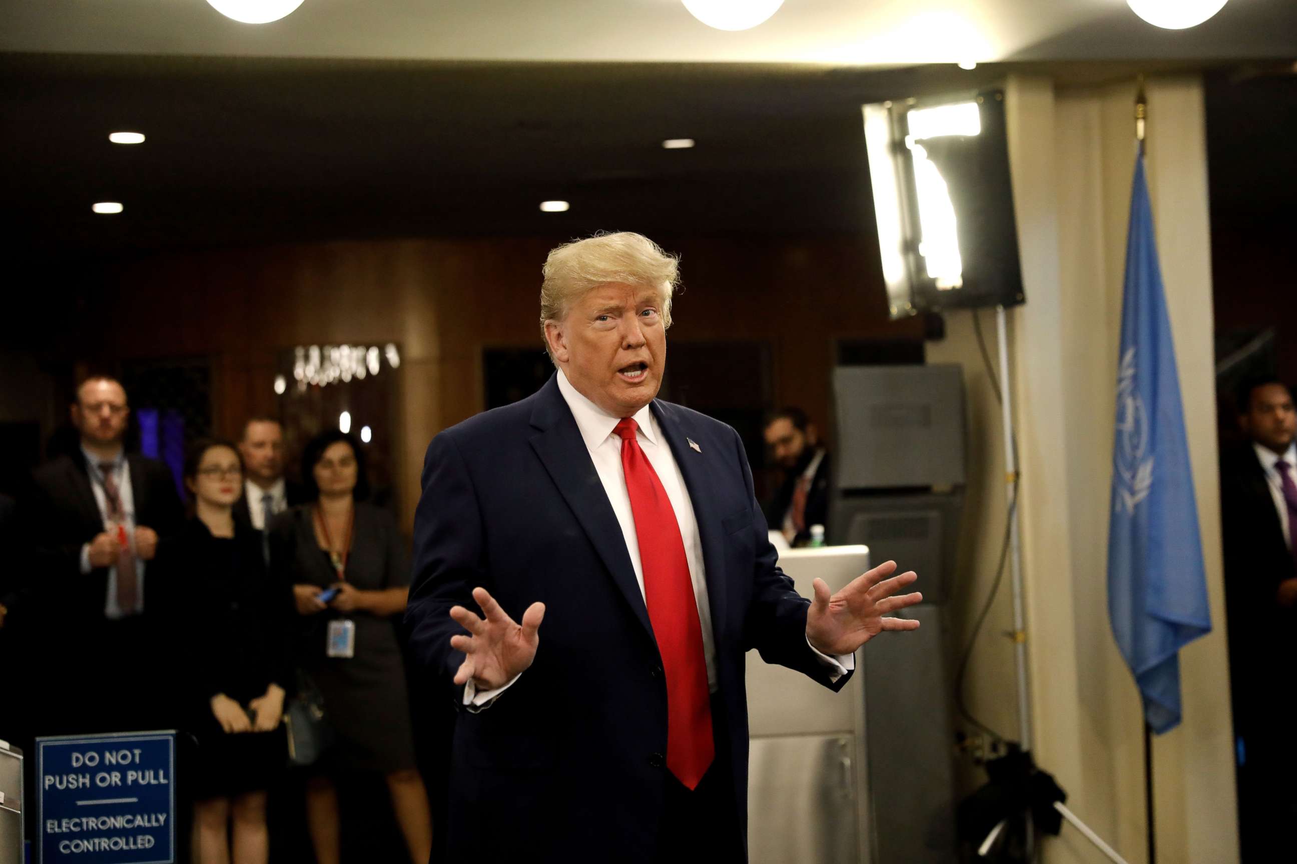 PHOTO: President Donald Trump departs after a meeting at the United Nations for a global call to protect religious freedom ahead of the General Debate of the General Assembly of the United Nations at U.N. Headquarters in New York, Sept. 23, 2019.
