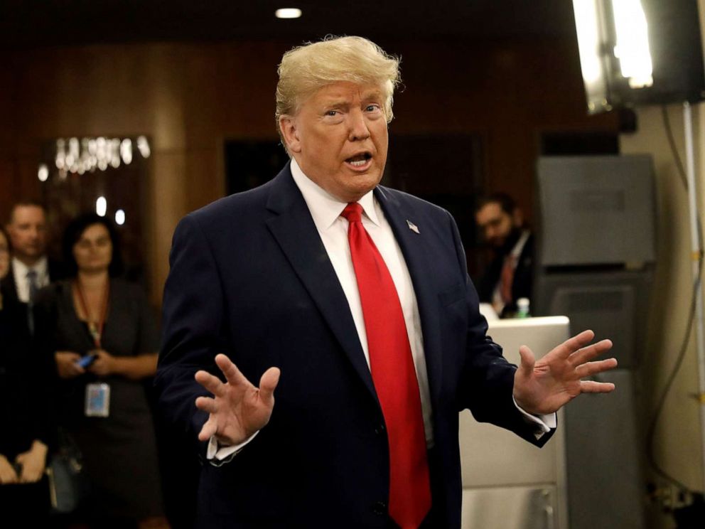 PHOTO: President Donald Trump departs after a meeting at the United Nations for a global call to protect religious freedom ahead of the General Debate of the General Assembly of the United Nations at U.N. Headquarters in New York, Sept. 23, 2019.