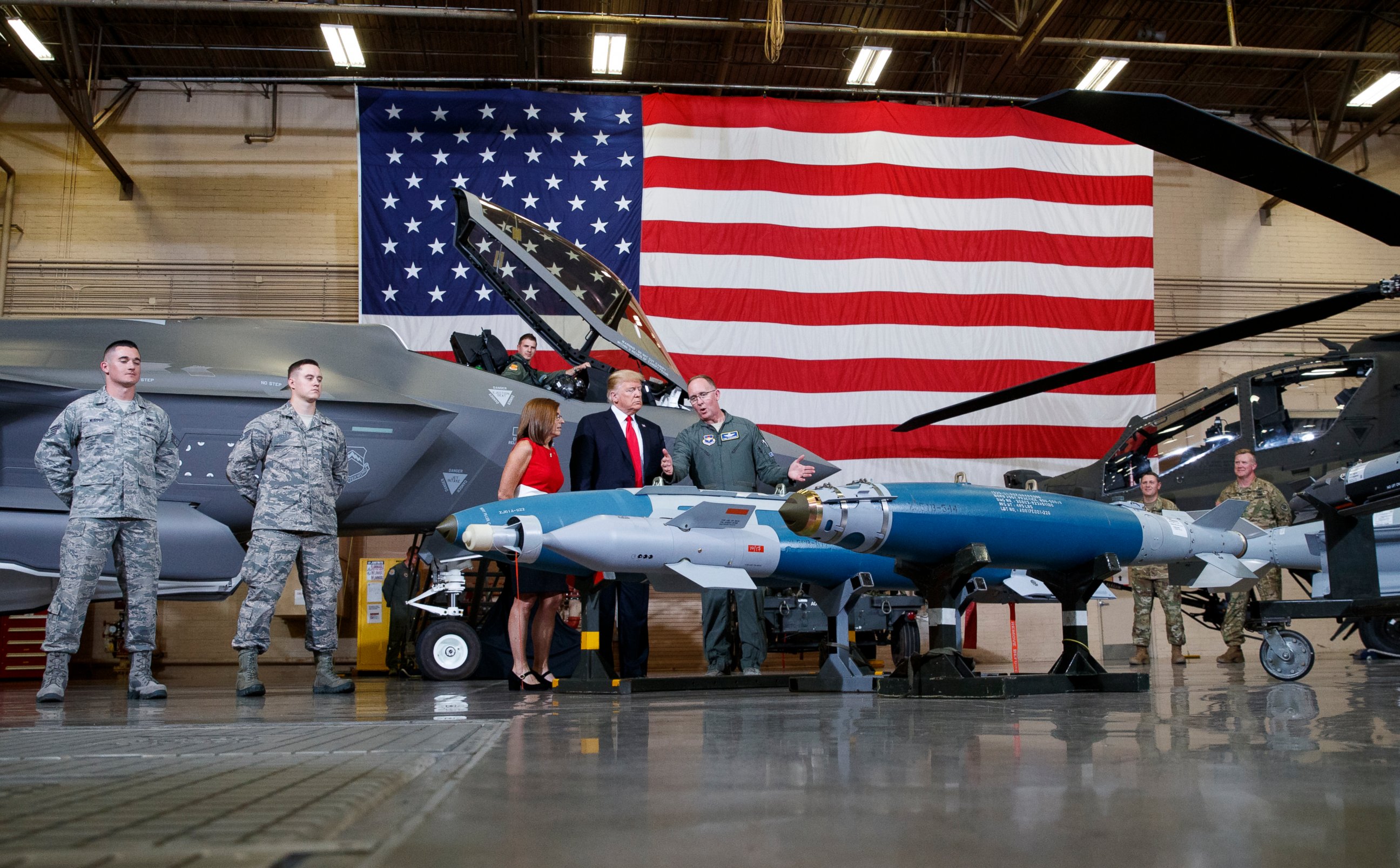 PHOTO: President Donald Trump participates in a Defense Capability Tour with Brigadier General Todd Canterbury, Commander, 56th Fighter Wing, Luke Air Force Base, Arizona. at Luke Air Force Base, Ariz., Friday, Oct. 19, 2018.