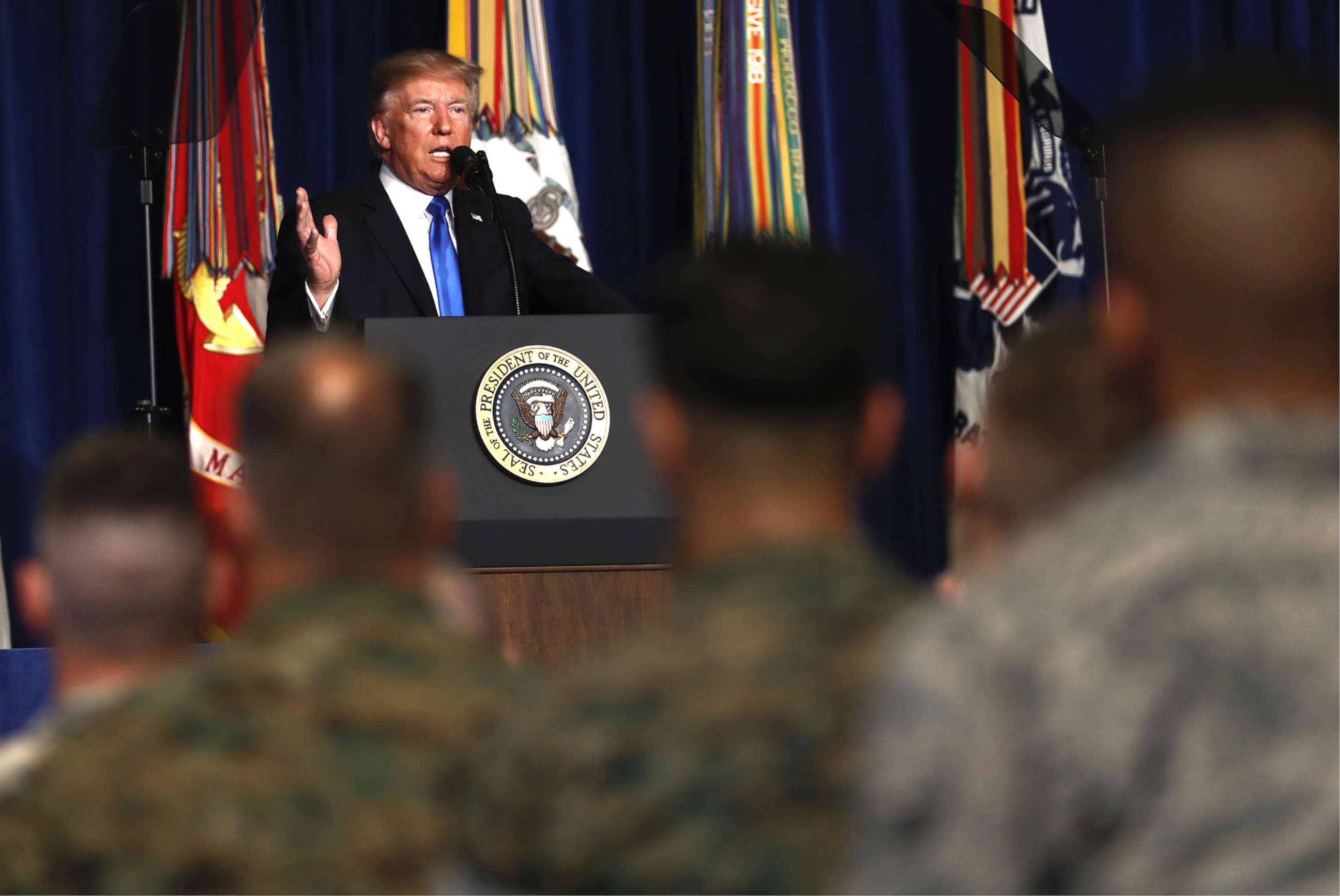 PHOTO: President Donald Trump speaks at Fort Myer in Arlington, Virginia, Aug. 21, 2017.