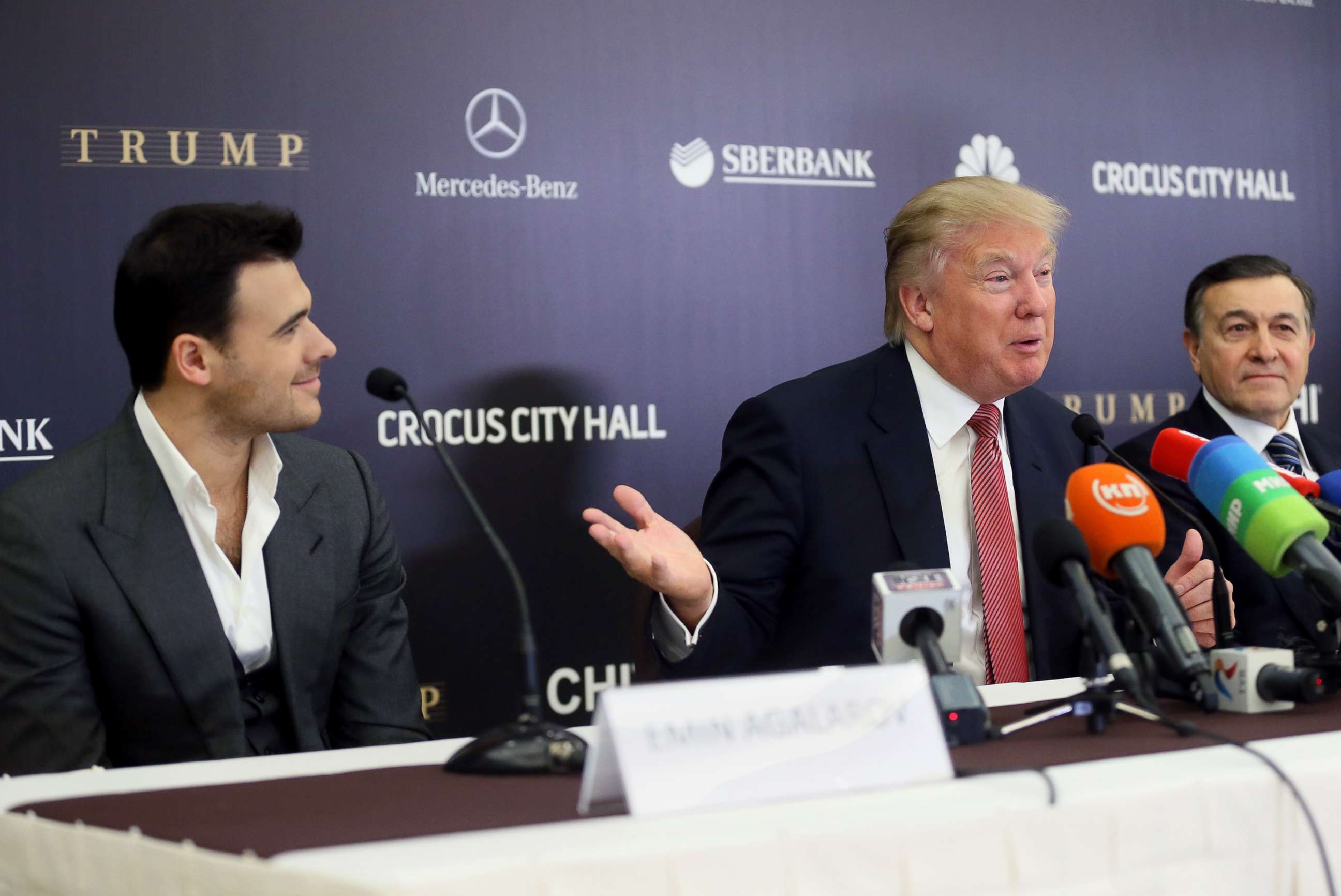 PHOTO: From left, Emin Agalarov, Donald Trump and Aras Agalarov give a press conference before the final show of the Miss Universe 2013 pageant in Moscow, Russia, Oct. 9, 2013.
