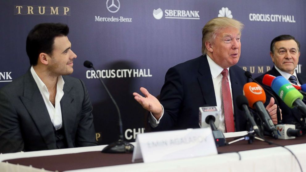 PHOTO: From left, Emin Agalarov, Donald Trump and Aras Agalarov give a press conference before the final show of the Miss Universe 2013 pageant in Moscow, Russia, Oct. 9, 2013.
