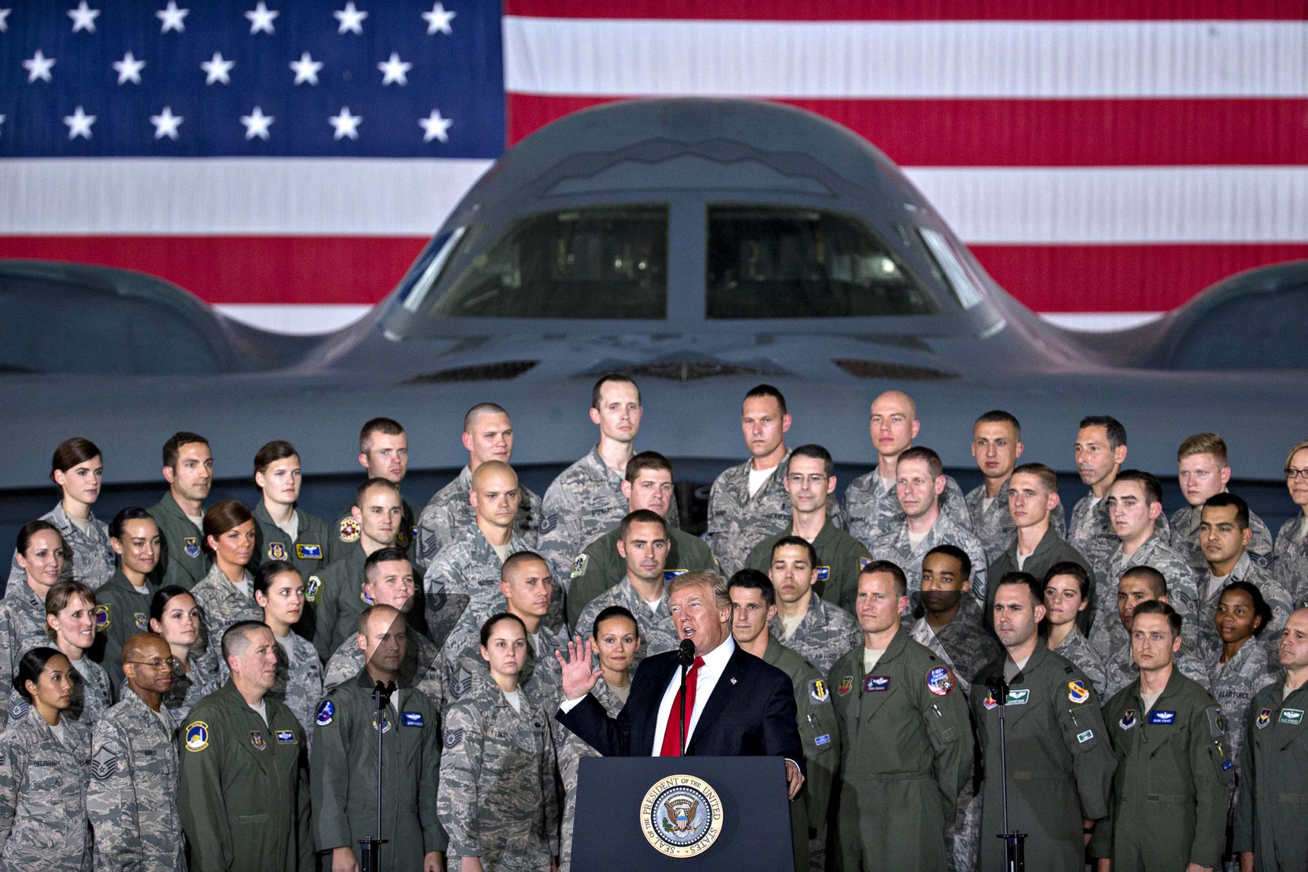 PHOTO: President Donald Trump delivers remarks to military personnel and families in an aircraft hangar at Joint Base Andrews, Maryland, Sept. 15, 2017.
