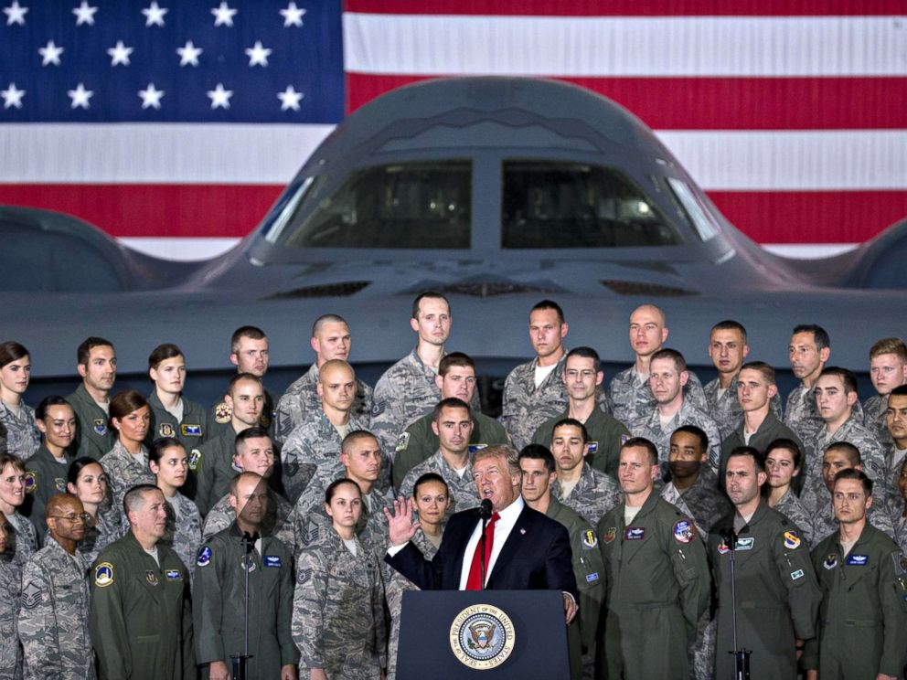 PHOTO: President Donald Trump delivers remarks to military personnel and families in an aircraft hangar at Joint Base Andrews, Maryland, Sept. 15, 2017.