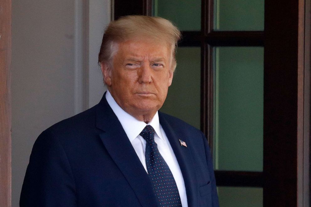 PHOTO: President Donald Trump waits for the arrival of Mexican President Andres Manuel Lopez Obrador at the White House in Washington, July 8, 2020.