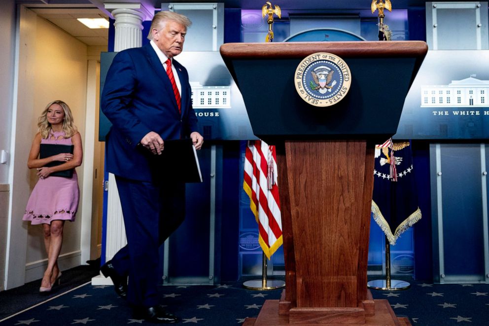 PHOTO: President Donald Trump and White House press secretary Kayleigh McEnany arrive for a news conference in the James Brady Press Briefing Room at the White House, Aug. 31, 2020, in Washington.