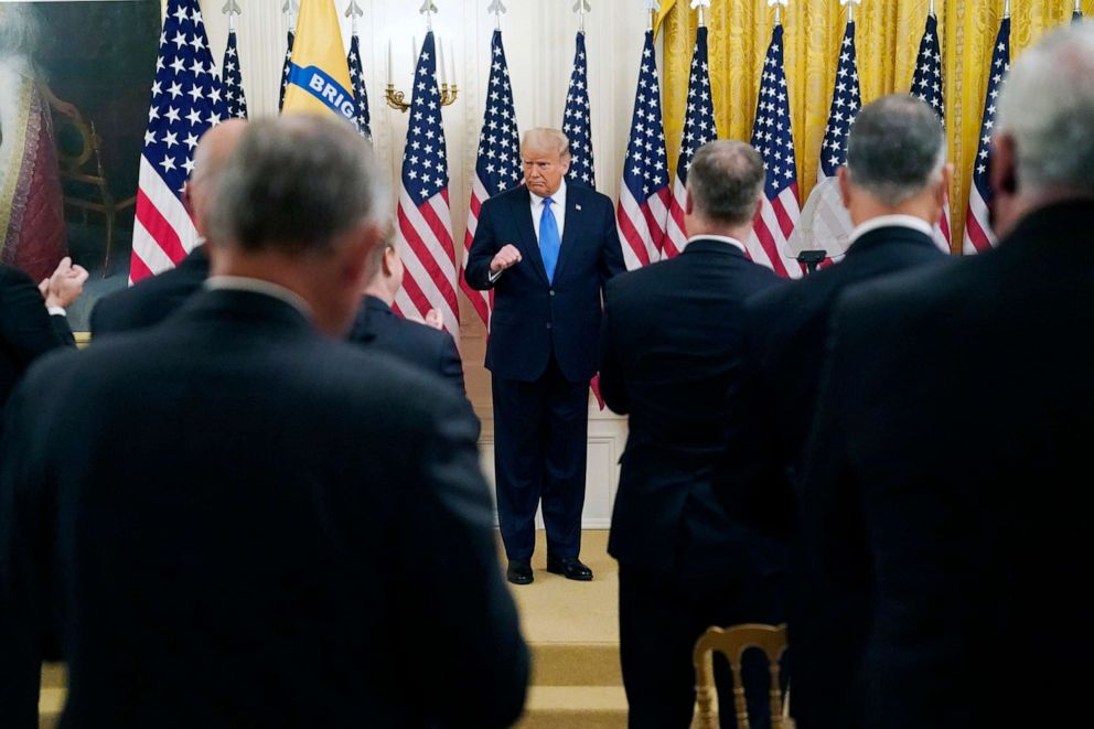 PHOTO: President Donald Trump speaks during an event to honor Bay of Pigs veterans, in the East Room of the White House, Sept. 23, 2020, in Washington.